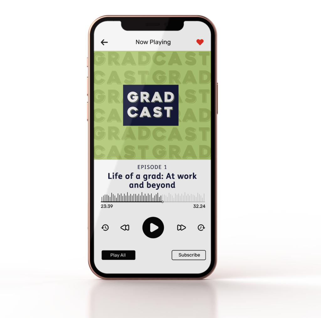 Mockup image of an iPhone with Gradcast played on a generic podcast app.